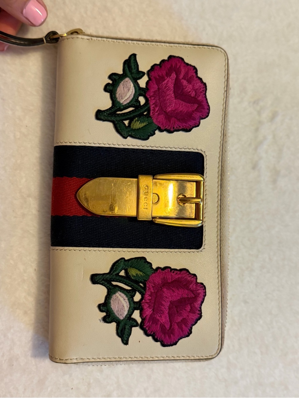 Gucci Cream Leather Wristlet Wallet with Pink Floral Embroidery and Navy-Red Web